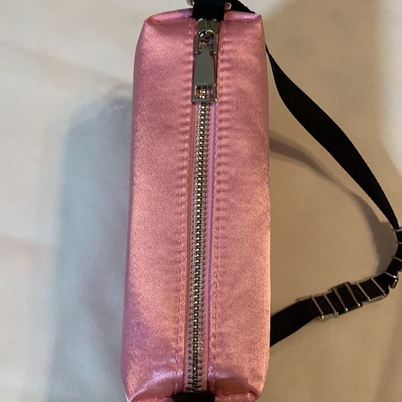 Truly small handbag/clutch.  Pink satin with rhinestone letters on black strap - Picture 7 of 8